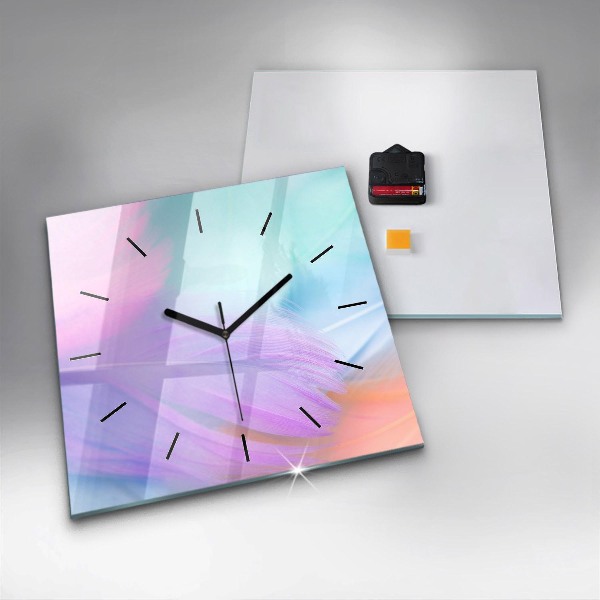 Square glass wall clock Colorful feathers