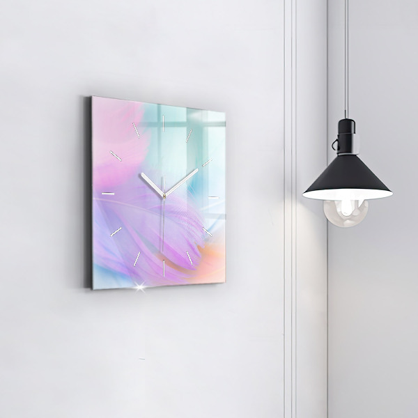 Square glass wall clock Colorful feathers