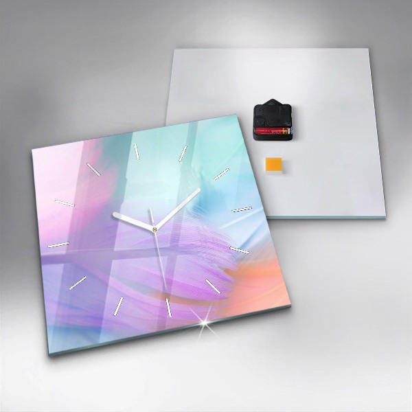 Square glass wall clock Colorful feathers