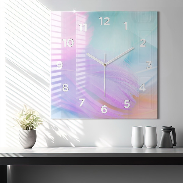 Square glass wall clock Colorful feathers