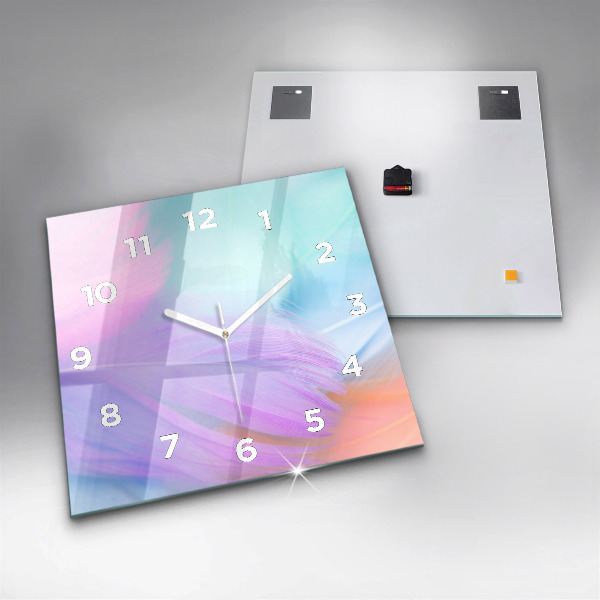 Square glass wall clock Colorful feathers