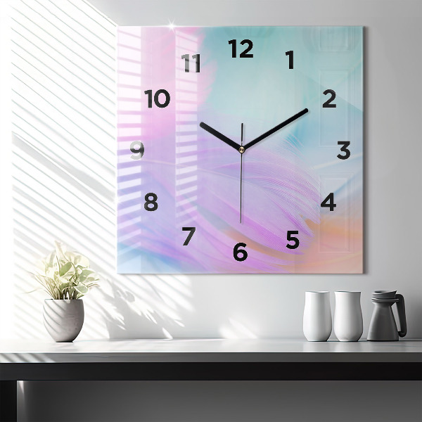 Square glass wall clock Colorful feathers