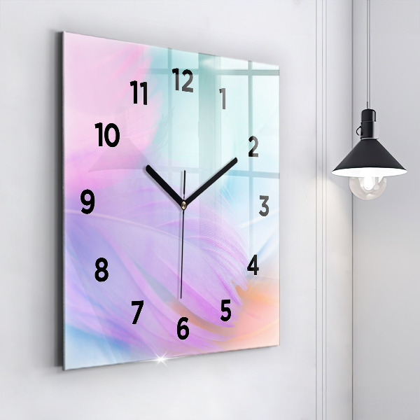Square glass wall clock Colorful feathers