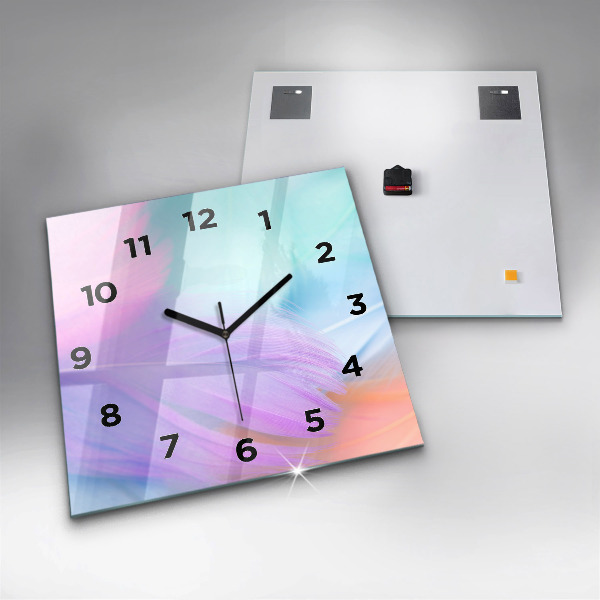 Square glass wall clock Colorful feathers