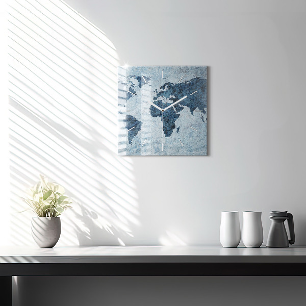 Square glass wall clock Painted world map