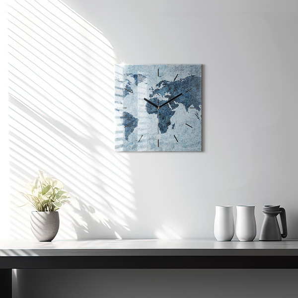 Square glass wall clock Painted world map