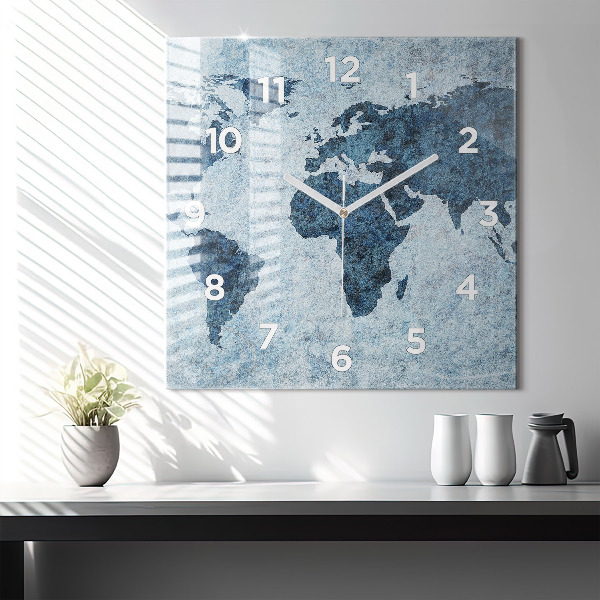 Square glass wall clock Painted world map