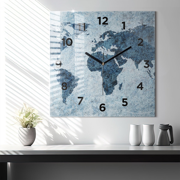Square glass wall clock Painted world map