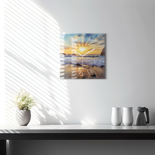 Square glass wall clock Sunset on the beach