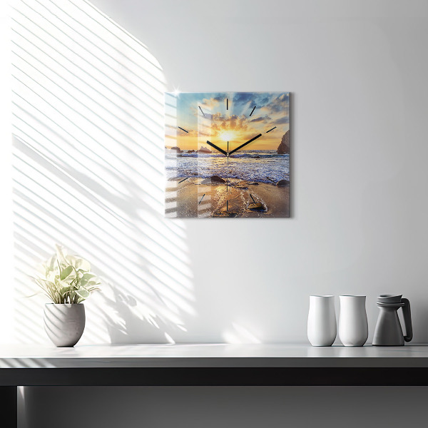 Square glass wall clock Sunset on the beach