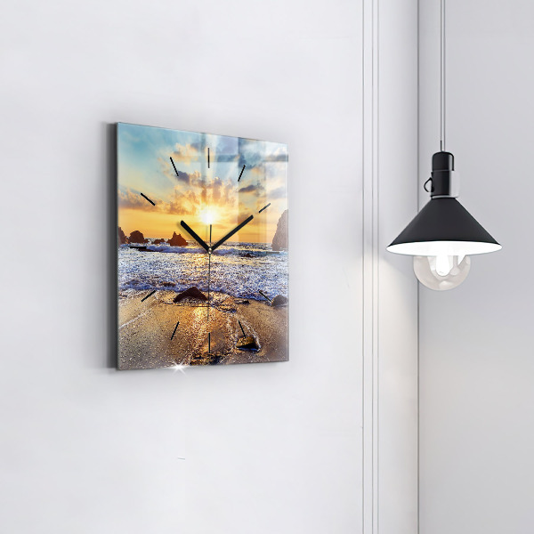 Square glass wall clock Sunset on the beach
