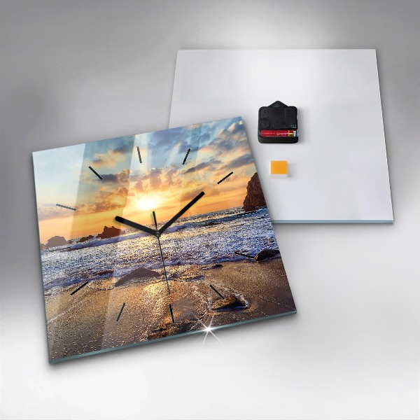 Square glass wall clock Sunset on the beach