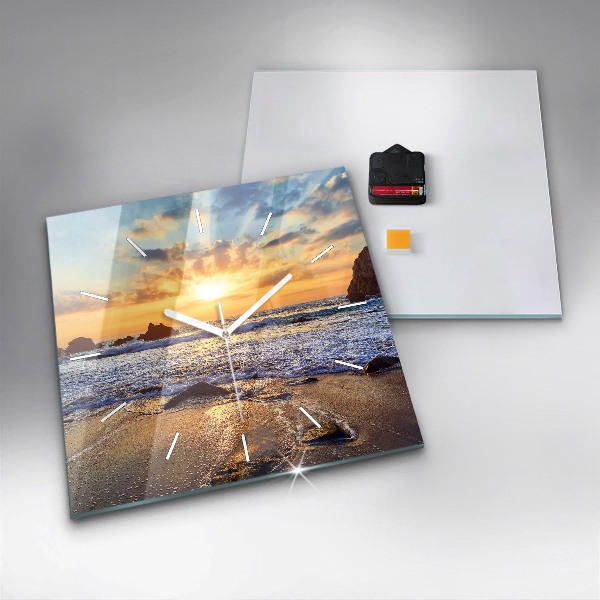 Square glass wall clock Sunset on the beach