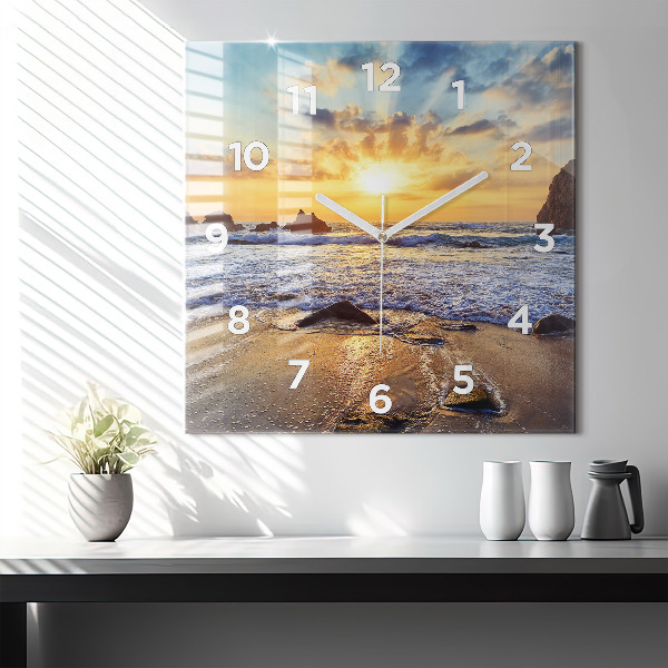 Square glass wall clock Sunset on the beach