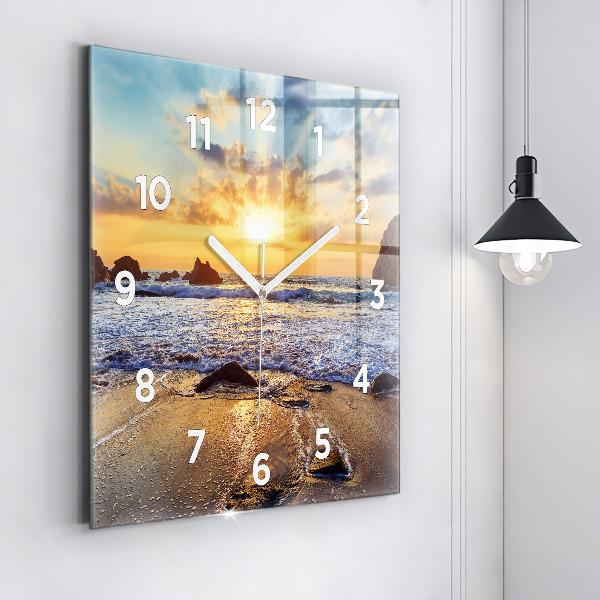 Square glass wall clock Sunset on the beach