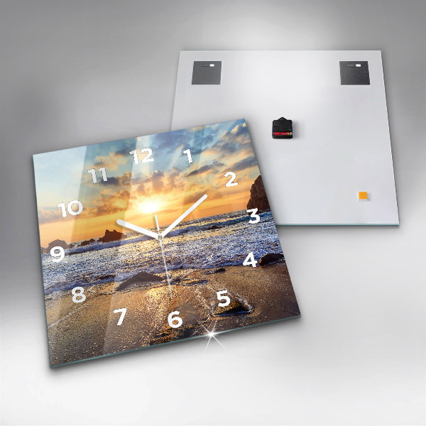Square glass wall clock Sunset on the beach