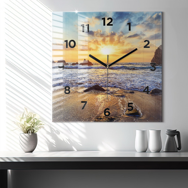 Square glass wall clock Sunset on the beach