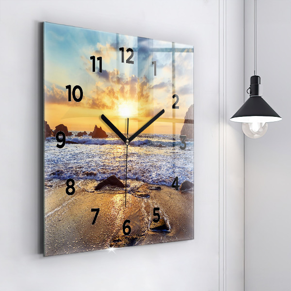 Square glass wall clock Sunset on the beach