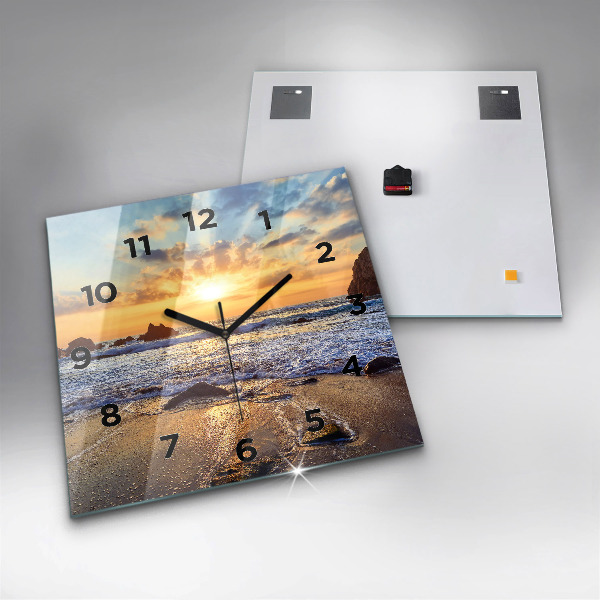 Square glass wall clock Sunset on the beach