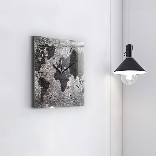 Square glass wall clock World map concrete