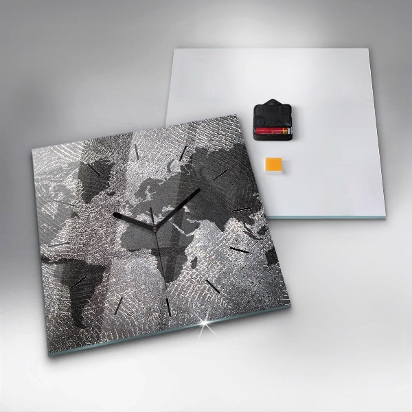 Square glass wall clock World map concrete