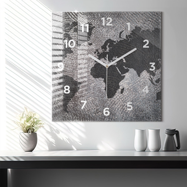 Square glass wall clock World map concrete