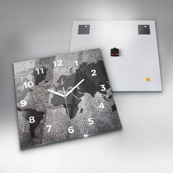 Square glass wall clock World map concrete