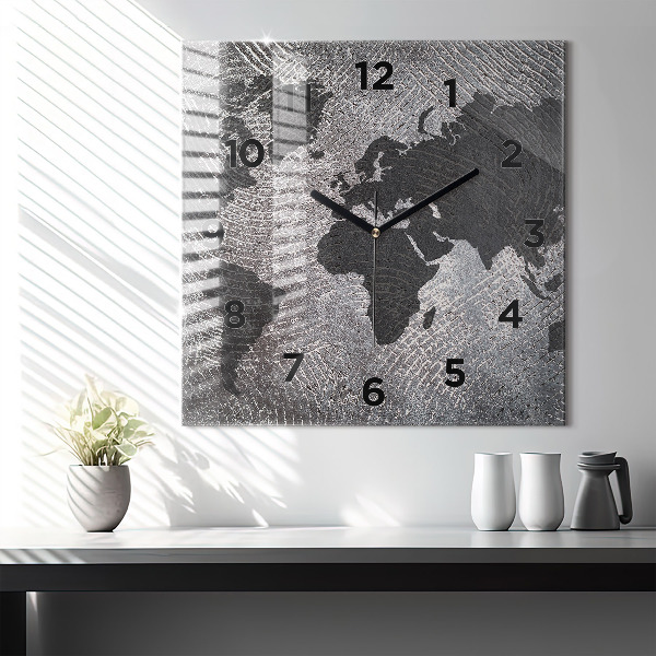 Square glass wall clock World map concrete