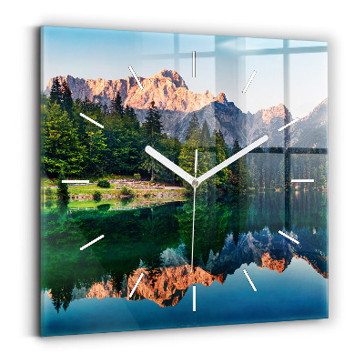 Square glass wall clock Lake landscape