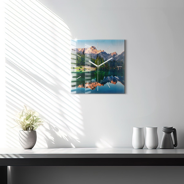 Square glass wall clock Lake landscape