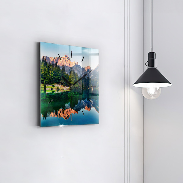 Square glass wall clock Lake landscape