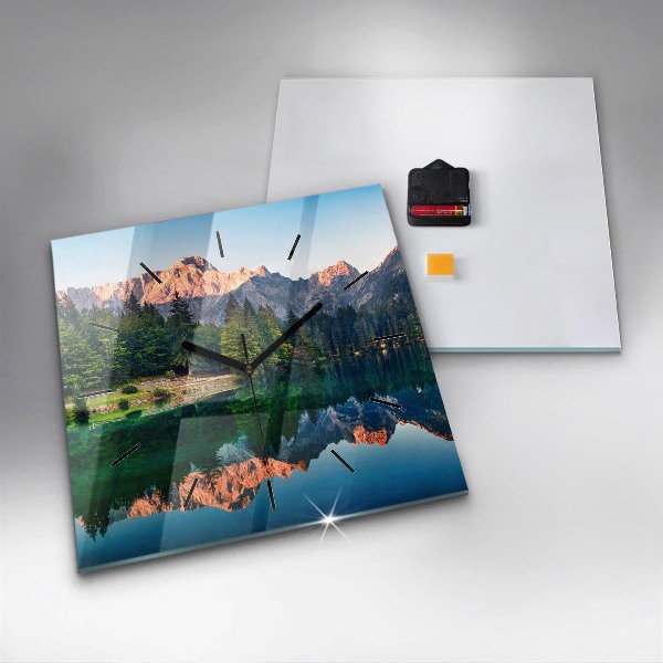 Square glass wall clock Lake landscape