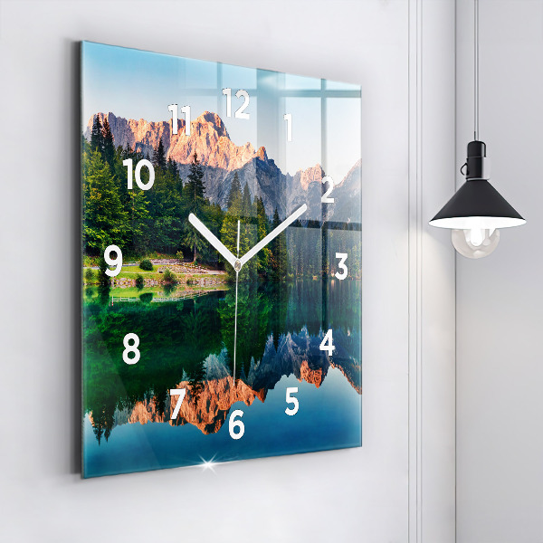 Square glass wall clock Lake landscape