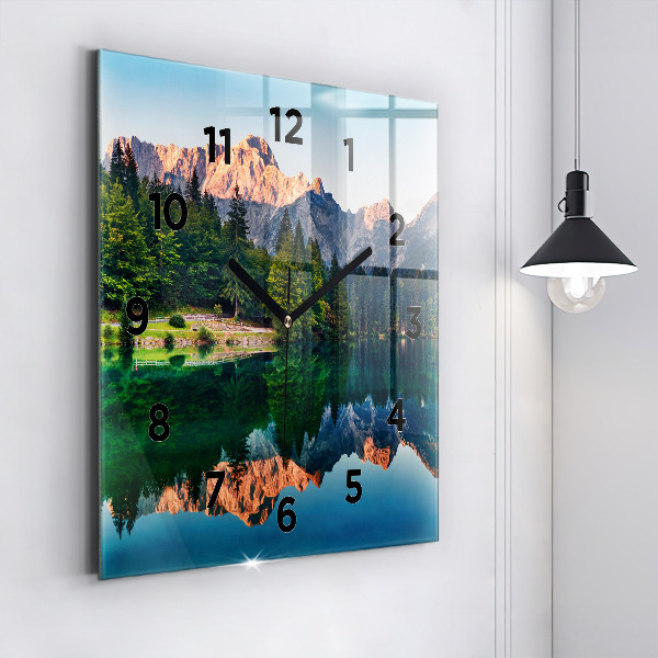 Square glass wall clock Lake landscape