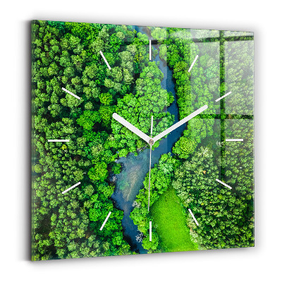 Square glass wall clock River in the forest