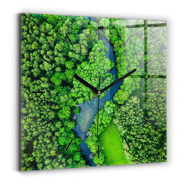 Square glass wall clock River in the forest