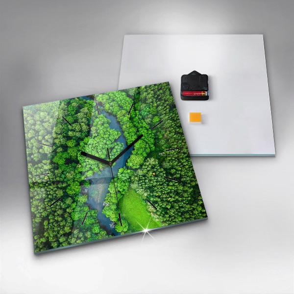 Square glass wall clock River in the forest