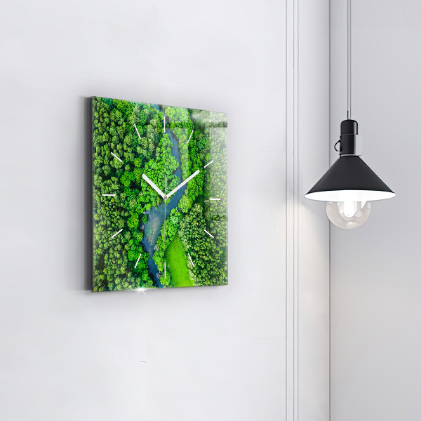 Square glass wall clock River in the forest