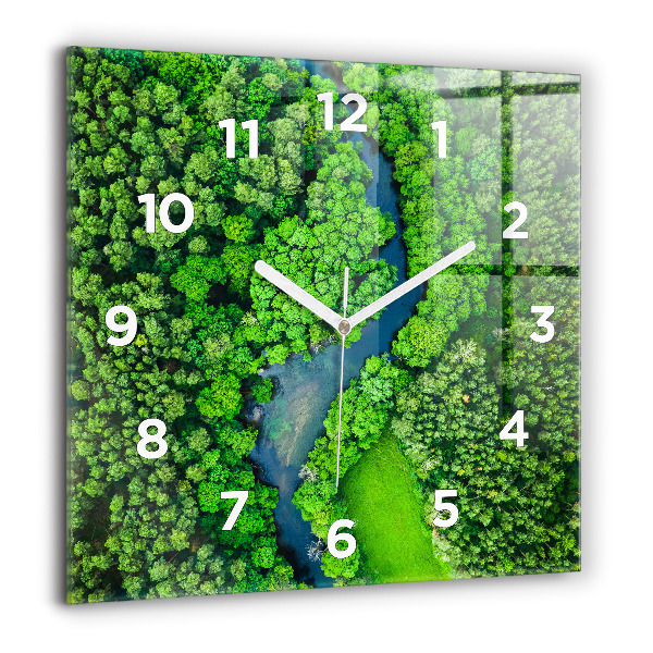 Square glass wall clock River in the forest