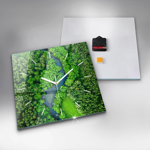 Square glass wall clock River in the forest