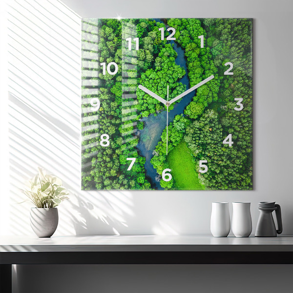 Square glass wall clock River in the forest