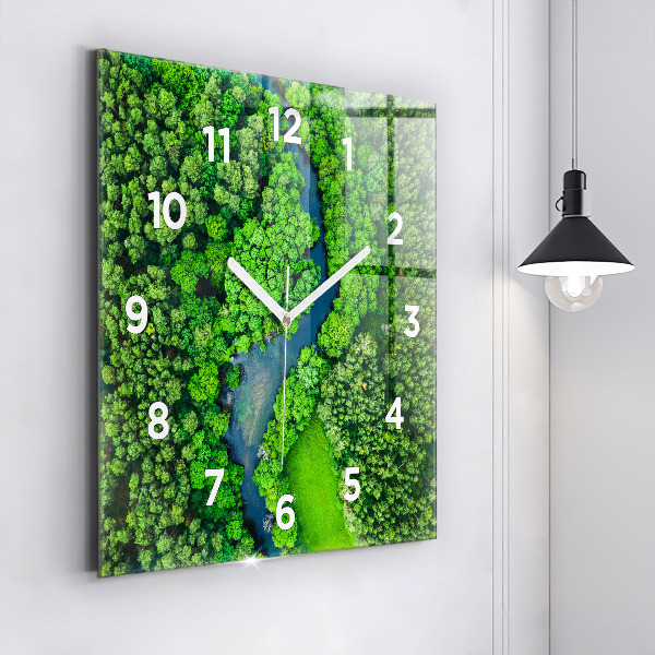 Square glass wall clock River in the forest
