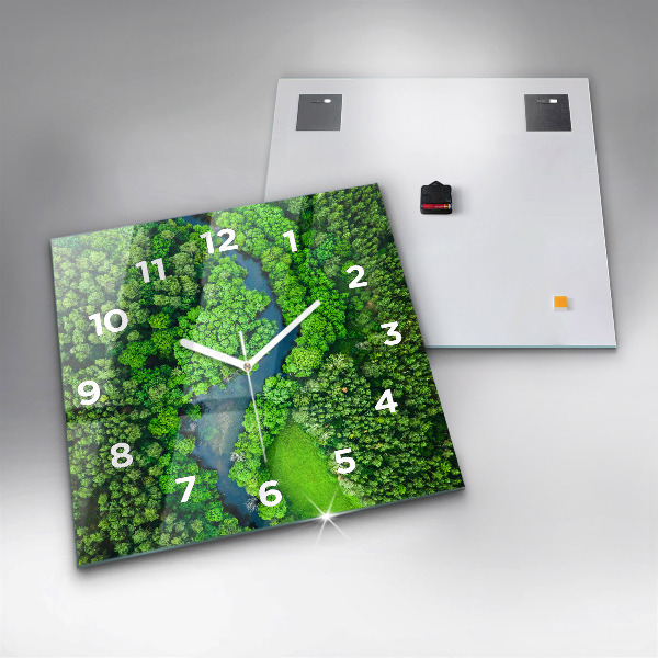 Square glass wall clock River in the forest