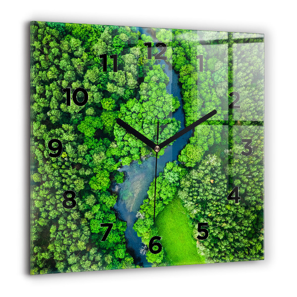 Square glass wall clock River in the forest