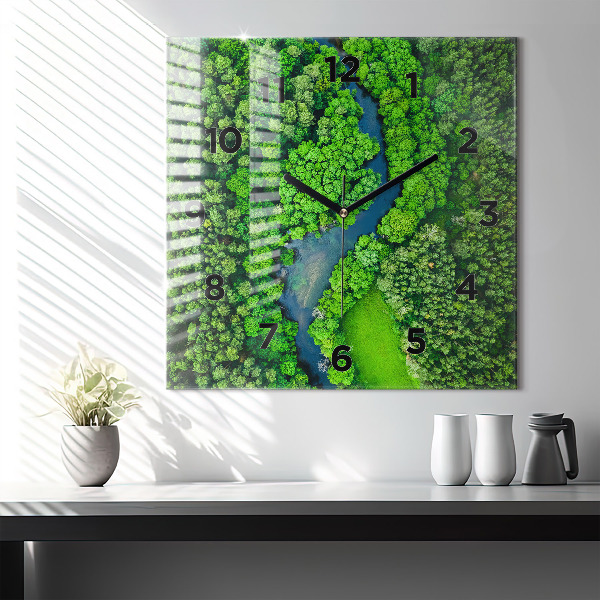 Square glass wall clock River in the forest