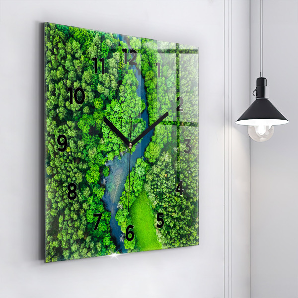 Square glass wall clock River in the forest