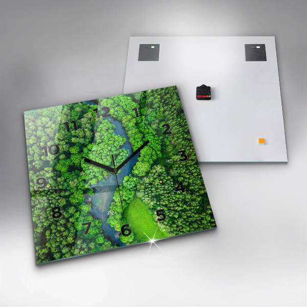 Square glass wall clock River in the forest
