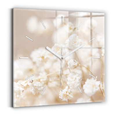 Square glass wall clock Small white flowers