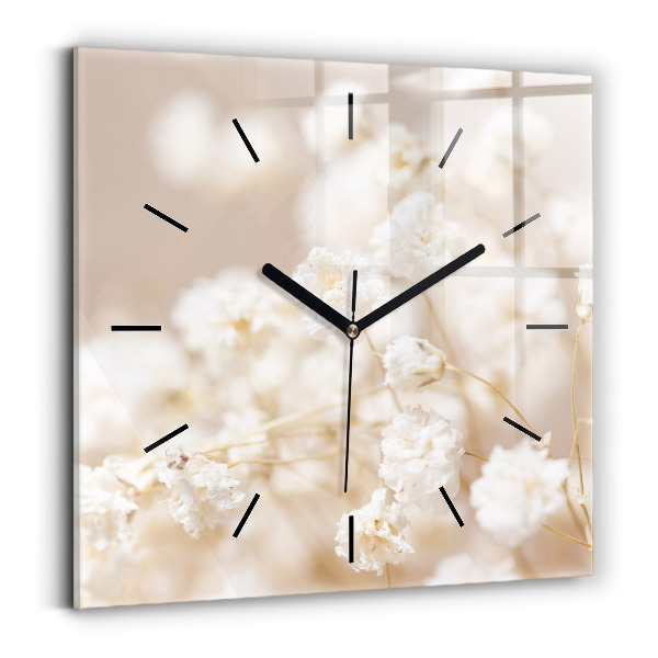 Square glass wall clock Small white flowers
