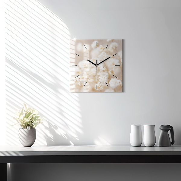 Square glass wall clock Small white flowers